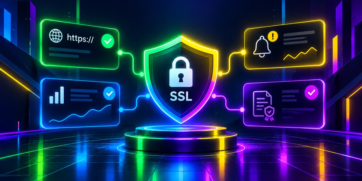 Best SSL monitoring tools in 2026 SSL certificate shield connected to HTTPS status, uptime, expiry alert, and certificate check panels