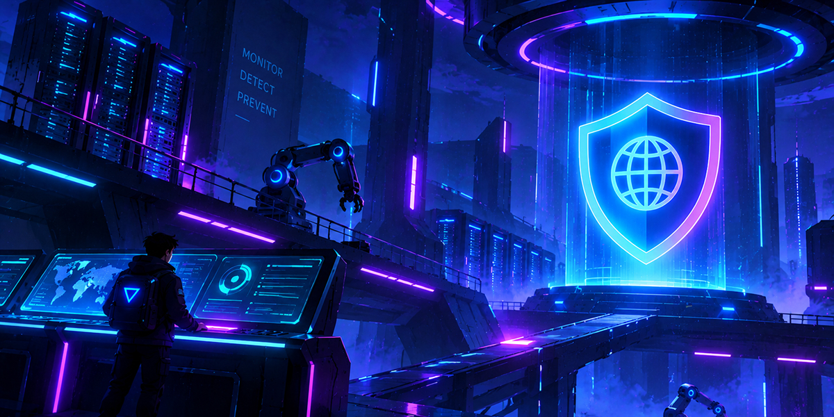 DNS security best practices to protect your domain A person at a monitoring console facing a glowing shield with a globe, guarding a DNS infrastructure