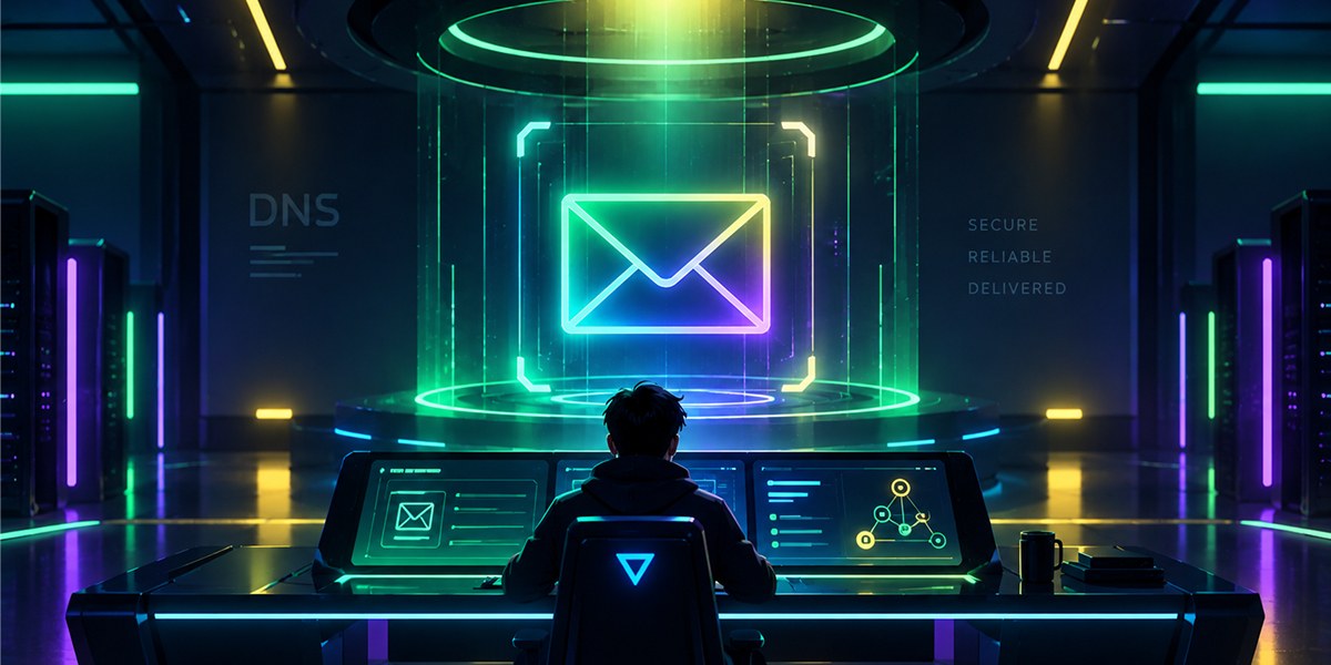 The ultimate guide to email DNS records A person at a control desk facing a glowing email icon inside a secure DNS chamber