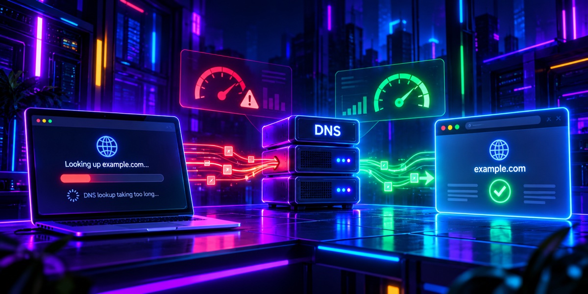 How to fix slow DNS lookups A laptop stuck on a slow DNS lookup for example.com next to a DNS server and a browser that loads example.com quickly