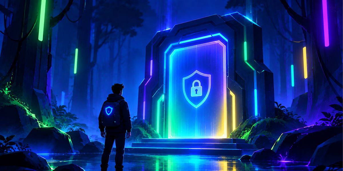 What is Certificate Transparency and why should you monitor it A person looking at a glowing gateway marked with a shield and padlock, representing certificate security
