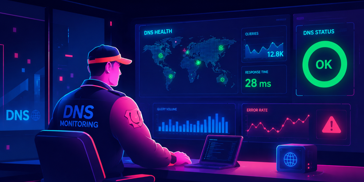 DNS monitoring dashboard showing global DNS health, query volume, response time, and error rate