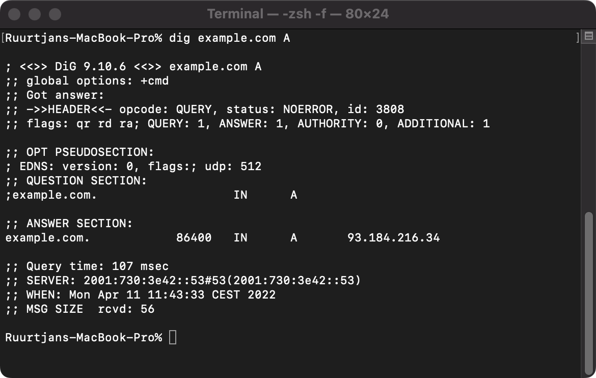 Example output of an IPv4 address lookup