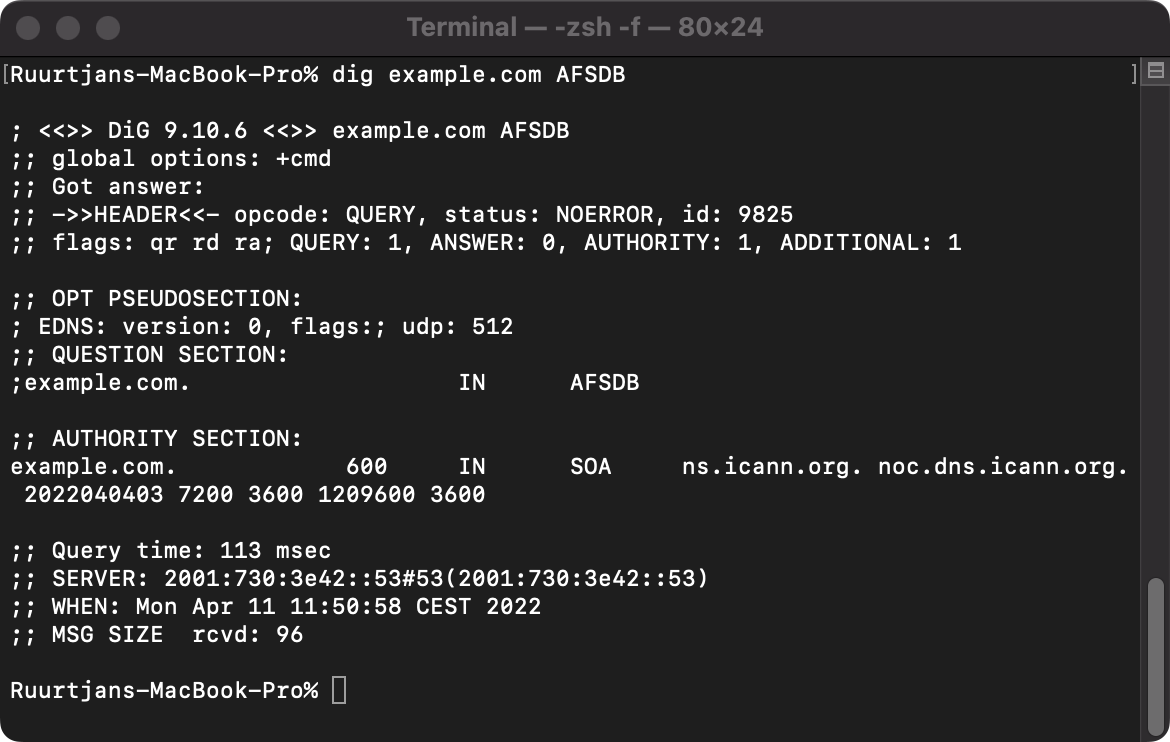 Example output of a AFSDB lookup query