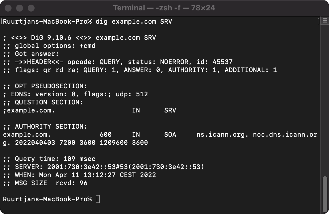 Example output of a SRV lookup query